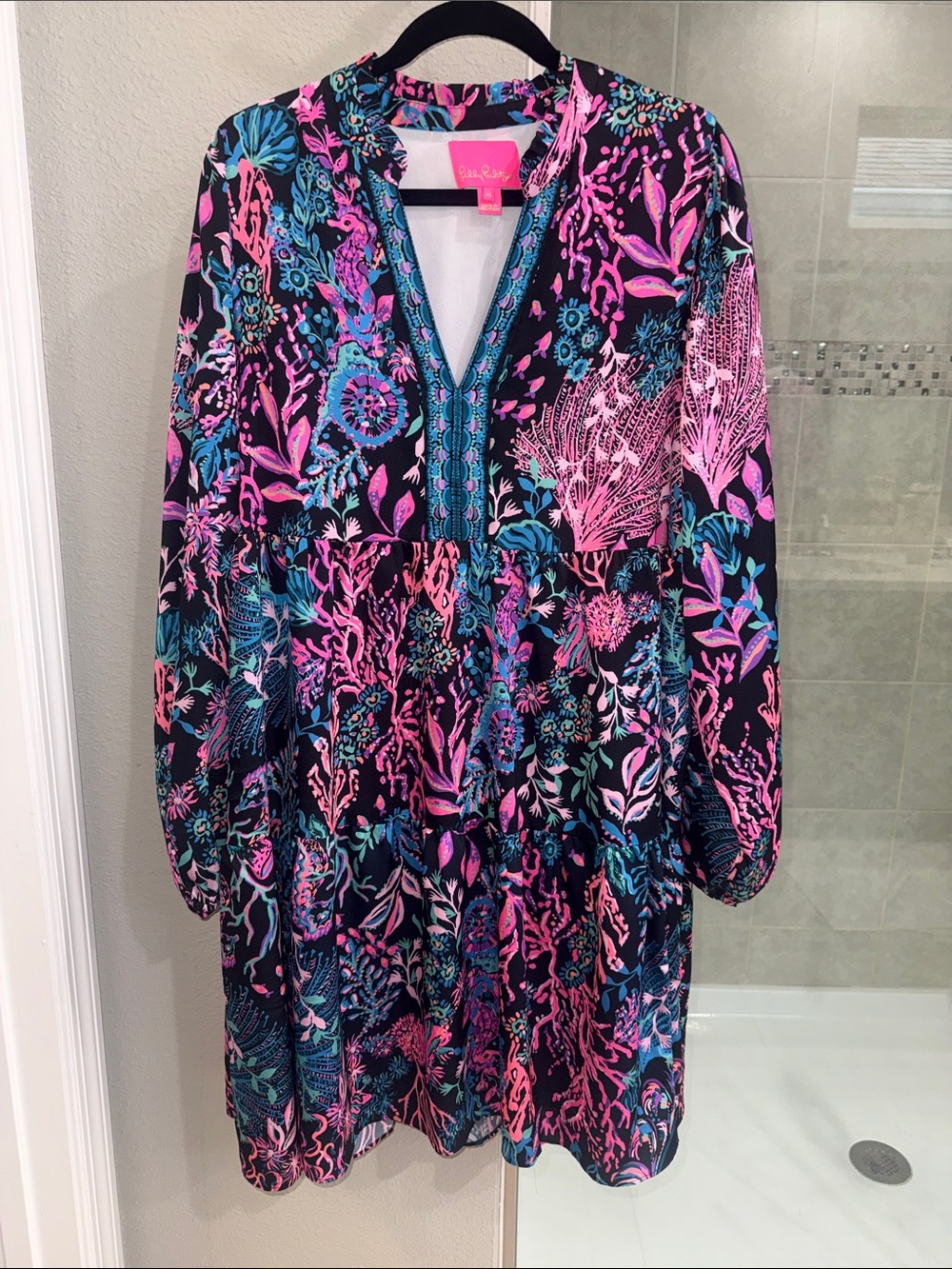 Lilly Pulitzer Arella Swing Longsleeve Dress Onyx Twilight Coral Size XL